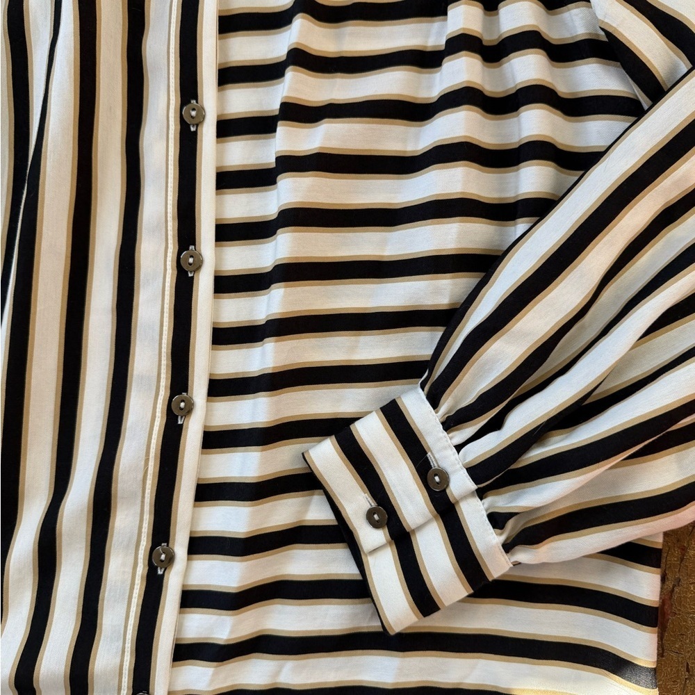 Anthropologie Maeve Silky Striped Black Cream Striped Button Down Shirt | M - Picture 7 of 8